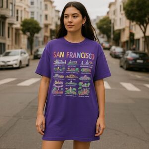 Vintage 1990 San Francisco Graphic T-Shirt Dress Purple Oversized Single Stitch
